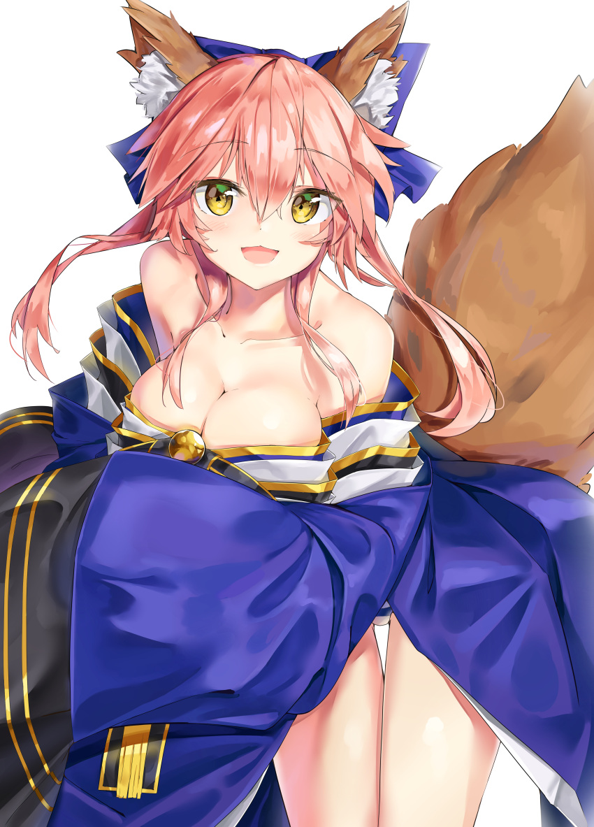 1girl absurdres animal_ear_fluff animal_ears bare_shoulders blue_kimono blue_ribbon blush breasts cleavage collarbone fate/extra fate/grand_order fate_(series) fox_ears fox_girl fox_tail hair_ribbon highres japanese_clothes kimono large_breasts looking_at_viewer open_mouth panties pink_hair ribbon simple_background sog-igeobughae solo striped striped_panties tail tamamo_(fate)_(all) tamamo_no_mae_(fate) underwear white_background yellow_eyes
