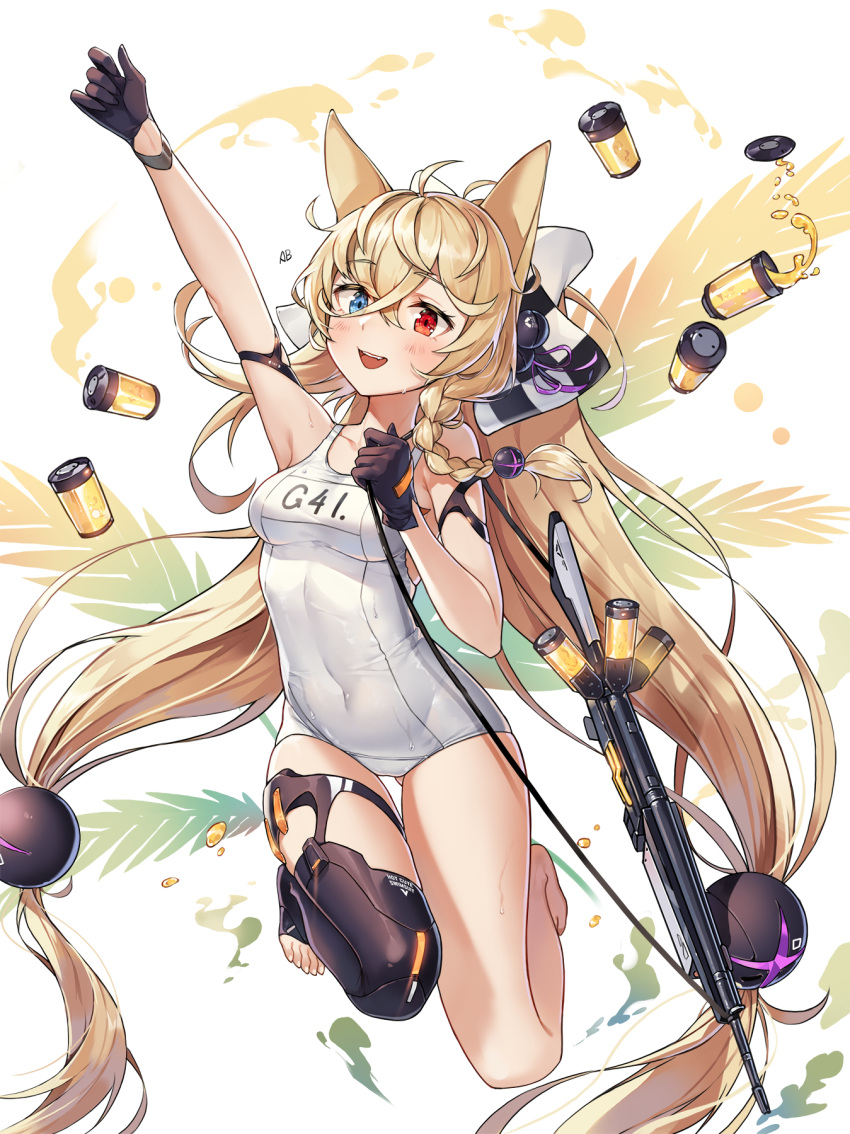 1girl aliceblue alternate_costume alternate_hairstyle animal_ears arm_strap arm_up assault_rifle bangs barefoot black_gloves blonde_hair blue_eyes blush braid breasts character_name checkered_ribbon cleavage collarbone covered_navel eyebrows_visible_through_hair fang_out g41_(girls_frontline) girls_frontline gloves groin gun h&amp;k_g41 hair_between_eyes hair_ornament hair_ribbon heterochromia highres holding holding_gun holding_strap holding_weapon jumping long_hair looking_at_viewer low_twintails one-piece_swimsuit open_mouth red_eyes ribbon rifle school_swimsuit side_braid single_thighhigh skindentation small_breasts smile solo swimsuit symbol-shaped_pupils thigh-highs toeless_legwear twintails very_long_hair water_gun weapon wet white_ribbon white_swimsuit