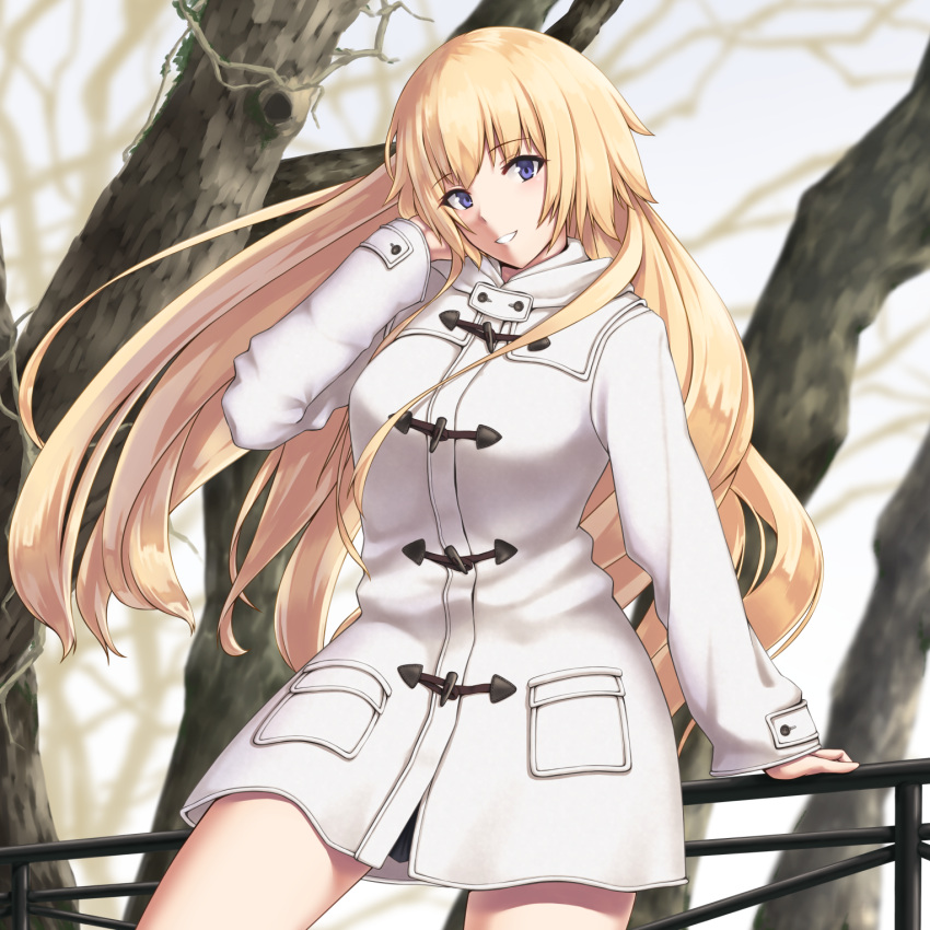 1girl against_railing alternate_costume arm_support arm_up bangs blonde_hair blue_eyes blurry blurry_background commentary_request cowboy_shot day duffel_coat enchuu eyebrows_visible_through_hair fate/grand_order fate_(series) grin hand_in_hair head_tilt highres jeanne_d'arc_(fate) jeanne_d'arc_(fate)_(all) long_hair long_sleeves looking_at_viewer outdoors parted_lips smile solo straight_hair tree very_long_hair white_coat