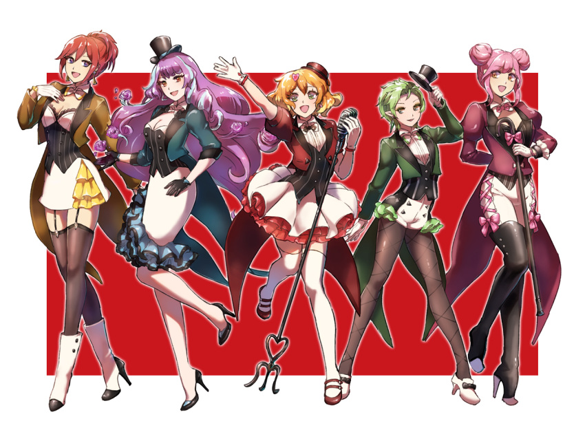 5girls :d arm_behind_back arm_up black_bow black_footwear black_gloves black_hat blonde_hair boots bow breasts brown_hair brown_jacket choker cleavage double_bun dress_shirt earrings eyebrows_visible_through_hair freyja_wion full_body garter_straps gloves green_eyes green_hair green_jacket hair_ornament hat heart heart_hair_ornament high_heel_boots high_heels highlights holding holding_hat holding_microphone jacket jewelry kaname_buccaneer legwear_under_shorts long_hair long_sleeves looking_at_viewer macross macross_delta makina_nakajima medium_breasts microphone microphone_stand mikumo_guynemer miniskirt multicolored_hair multiple_girls open_mouth pants pantyhose pink_eyes pink_hair pink_neckwear pleated_skirt pointy_ears pumps purple_hair redhead reina_prowler shimatani_azu shirt shoe_bow shoes short_hair short_hair_with_long_locks short_shorts shorts sidelocks skirt smile standing standing_on_one_leg thigh-highs thigh_boots tied_hair two-tone_hair very_long_hair violet_eyes white_footwear white_gloves white_legwear white_neckwear white_pants white_shirt white_skirt zettai_ryouiki