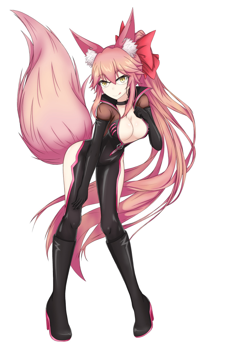 1girl absurdres animal_ears black_bodysuit bodysuit boots bow breasts cleavage collarbone eyebrows_visible_through_hair fate/grand_order fate_(series) fox_ears fox_tail full_body glasses hair_bow highres koyanskaya large_breasts long_hair looking_at_viewer nepsuka_(hachisuka) pink_hair pink_ribbon ribbon side_ponytail simple_background smile solo tail tamamo_(assassin)_(fate) tamamo_(fate)_(all) tongue very_long_hair white_background yellow_eyes