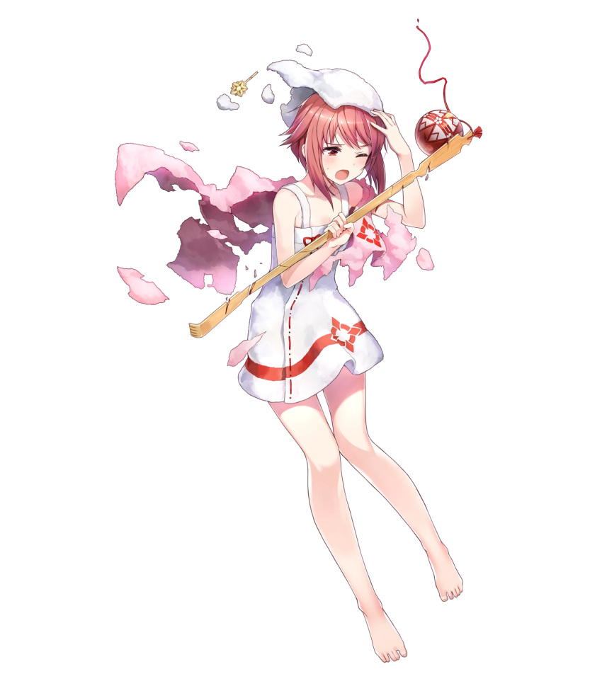 1girl amagai_tarou bangs bare_legs barefoot breasts dress feet fire_emblem fire_emblem_heroes fire_emblem_if full_body highres holding nintendo official_art pink_hair red_eyes sakura_(fire_emblem_if) shiny shiny_hair short_dress short_hair sidelocks small_breasts solo toes towel towel_around_neck towel_on_head