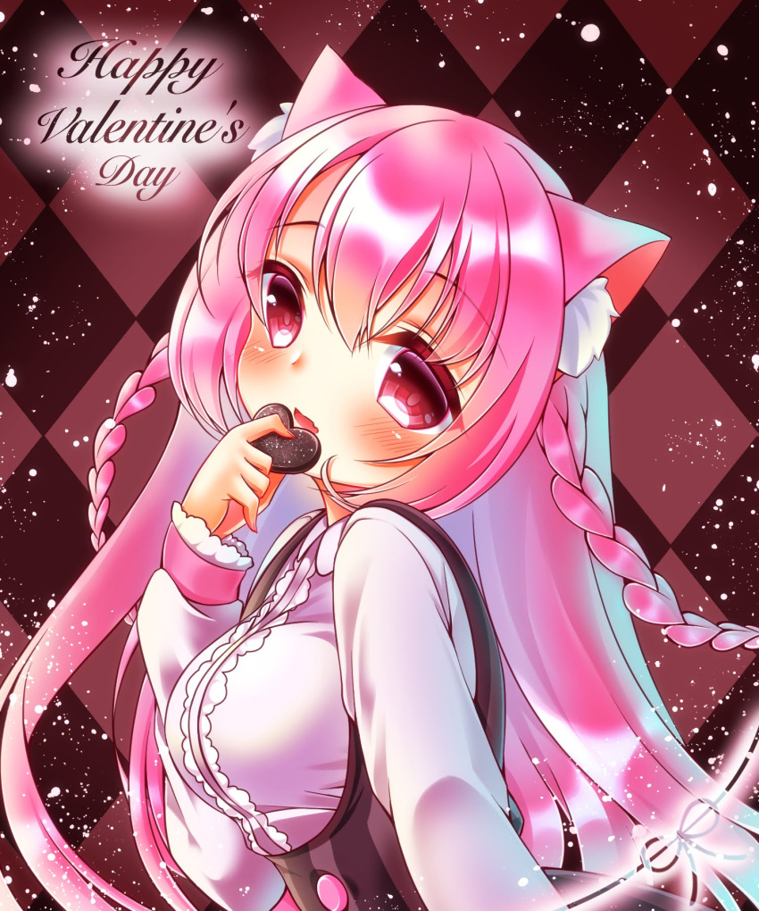 1girl animal_ear_fluff animal_ears argyle argyle_background bangs blue_hair blush braid breasts brown_background cat_ears chocolate chocolate_heart collared_shirt commentary eyebrows_visible_through_hair fang fingernails food gradient_hair hair_between_eyes hand_up happy_valentine heart highres holding holding_food long_hair long_sleeves looking_at_viewer medium_breasts mirai_(happy-floral) multicolored_hair original parted_lips pink_hair red_eyes shirt side_braids sleeves_past_wrists solo twin_braids underbust upper_body valentine very_long_hair white_shirt