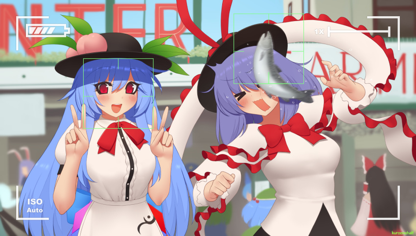 &gt;_&lt; 2girls :d artist_name black_hat blue_hair bow bowtie center_frills commentary day double_v eyebrows_visible_through_hair fish food fruit hair_between_eyes hakurei_reimu hat hat_ribbon hinanawi_tenshi in_the_face kawashiro_nitori kuroonehalf long_hair looking_at_viewer motion_blur multiple_girls nagae_iku open_mouth peach purple_hair red_eyes red_neckwear red_ribbon reisen_udongein_inaba ribbon shawl smile touhou v very_long_hair viewfinder