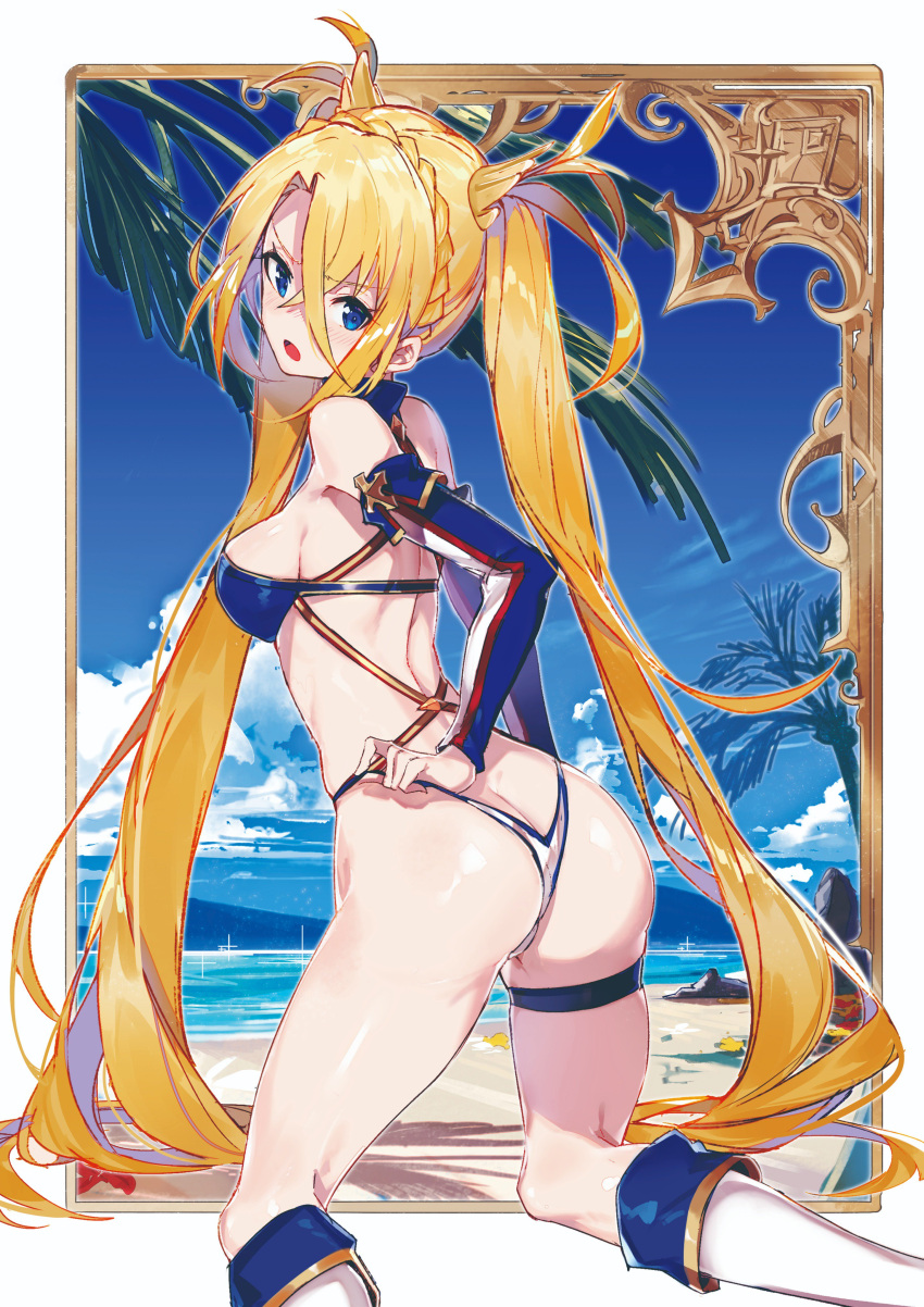 1girl absurdres aida_(chinhung0612) ass beach blonde_hair blue_eyes boots bradamante_(fate/grand_order) braid breasts butt_crack crown_braid day detached_sleeves eyebrows_visible_through_hair fate/grand_order fate_(series) hair_between_eyes highres knee_boots leaning_forward long_hair medium_breasts open_mouth outdoors outside_border sideboob skindentation solo thigh_strap twintails very_long_hair