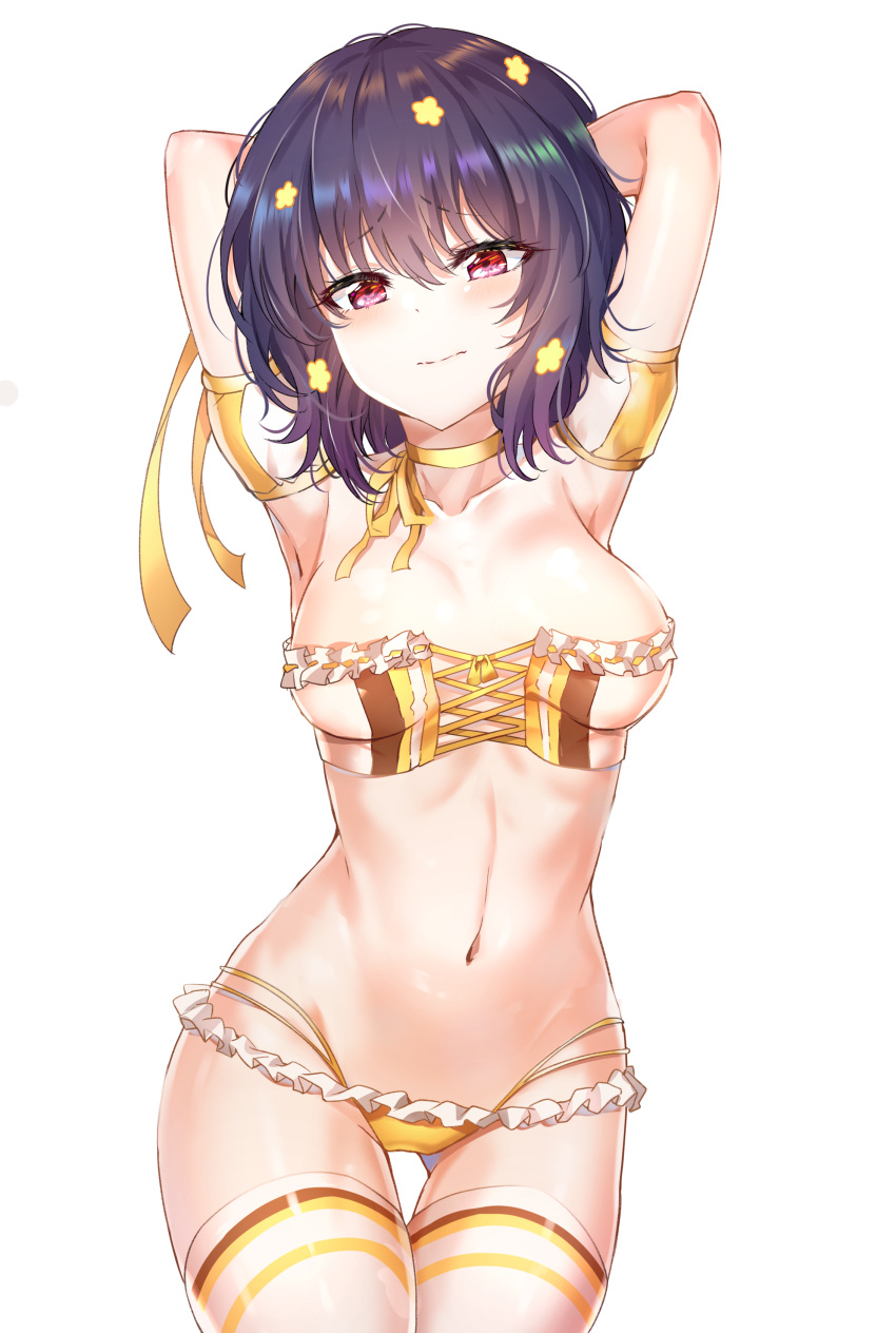 10s 1girl absurdres armpits arms_behind_head arms_up bangs bare_arms bikini black_hair blush breasts choker closed_mouth collarbone commentary cowboy_shot detached_sleeves eyebrows_visible_through_hair frilled_bikini frills gluteal_fold hair_between_eyes hair_ornament head_tilt highres looking_at_viewer medium_breasts mizuno_ai navel puffy_short_sleeves puffy_sleeves red_eyes revision ribbon_choker short_hair short_sleeves simple_background solo standing stomach sunhyun swimsuit thigh-highs thigh_gap wavy_mouth white_background white_legwear yellow_choker zombie_land_saga