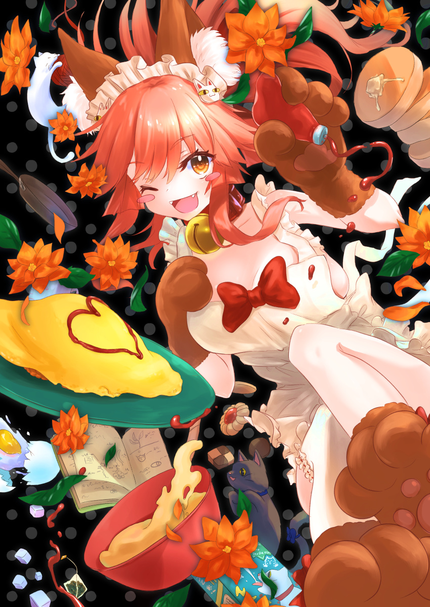 1girl absurdres animal animal_ear_fluff animal_ears apron bell bell_collar black_cat blush_stickers breasts cat cat_hair_ornament cat_paws cleavage collar collarbone egg fangs fate/grand_order fate_(series) flower food fox_ears gloves hair_ornament hair_ribbon highres jingle_bell ketchup ketchup_bottle large_breasts long_hair looking_at_viewer maid_headdress naked_apron one_eye_closed open_mouth paw_gloves paw_shoes paws pink_hair ponytail red_ribbon ribbon shoes solo suzu_natsu tamamo_(fate)_(all) tamamo_cat_(fate) white_cat yellow_eyes