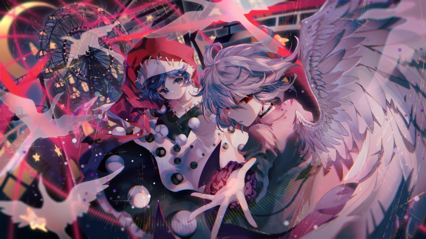 2girls ahoge bangs bird black_choker black_dress blue_eyes blue_hair chinese_commentary choker commentary_request crescent_moon doremy_sweet dress earrings feathered_wings ferris_wheel frilled_sleeves frills hair_between_eyes hat jacket jewelry juliet_sleeves kishin_sagume long_sleeves looking_at_viewer moon multicolored multicolored_clothes multicolored_dress multiple_girls nightcap parted_lips pom_pom_(clothes) puffy_sleeves purple_dress reaching_out red_eyes red_hat roller_coaster short_hair silver_hair smile star touhou white_dress white_wings wings yasato