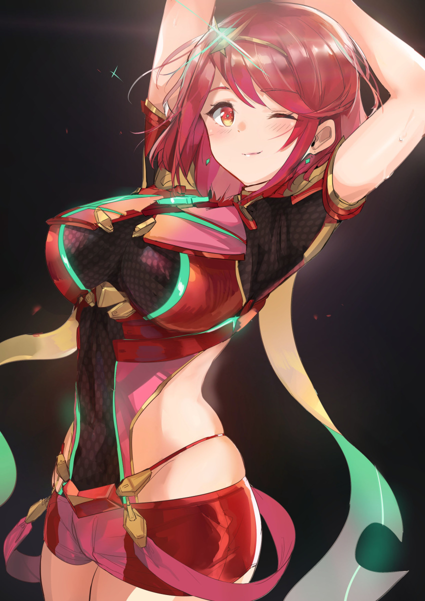 1girl absurdres arms_up bangs black_background breasts covered_navel earrings glowing groin headpiece highres pyra_(xenoblade) jewelry large_breasts looking_at_viewer nintendo one_eye_closed orange_eyes ormille red_shorts redhead short_hair shorts skindentation smile solo swept_bangs tiara xenoblade_(series) xenoblade_2