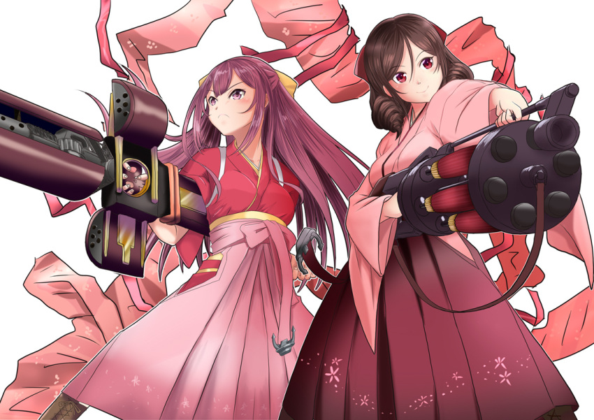 2girls bow breasts brown_hair commentary_request cross_punisher drill_hair frown gun hair_bow harukaze_(kantai_collection) holding holding_weapon japanese_clothes kamikaze_(kantai_collection) kantai_collection kimono long_hair machine_gun medium_breasts meiji_schoolgirl_uniform mokerou multiple_girls pink_kimono pink_ribbon purple_hair red_eyes ribbon simple_background smile trigun twin_drills umbrella violet_eyes weapon white_background