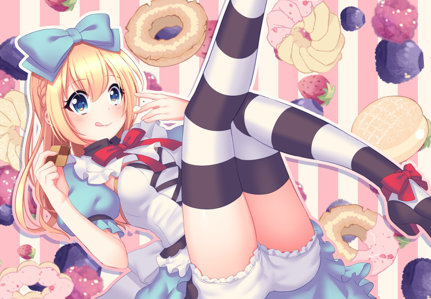 1girl alice_(wonderland) alice_in_wonderland ap@meito black_footwear bloomers blue_bow blue_eyes blue_skirt blueberry blurry blush bow braid checkerboard_cookie cookie cream doughnut eating food fruit hair_bow highres licking_lips long_hair lying on_back pink_background puffy_short_sleeves puffy_sleeves red_bow short_sleeves simple_background skirt solo strawberry striped striped_legwear thigh-highs tongue tongue_out underwear vertical_stripes very_long_hair