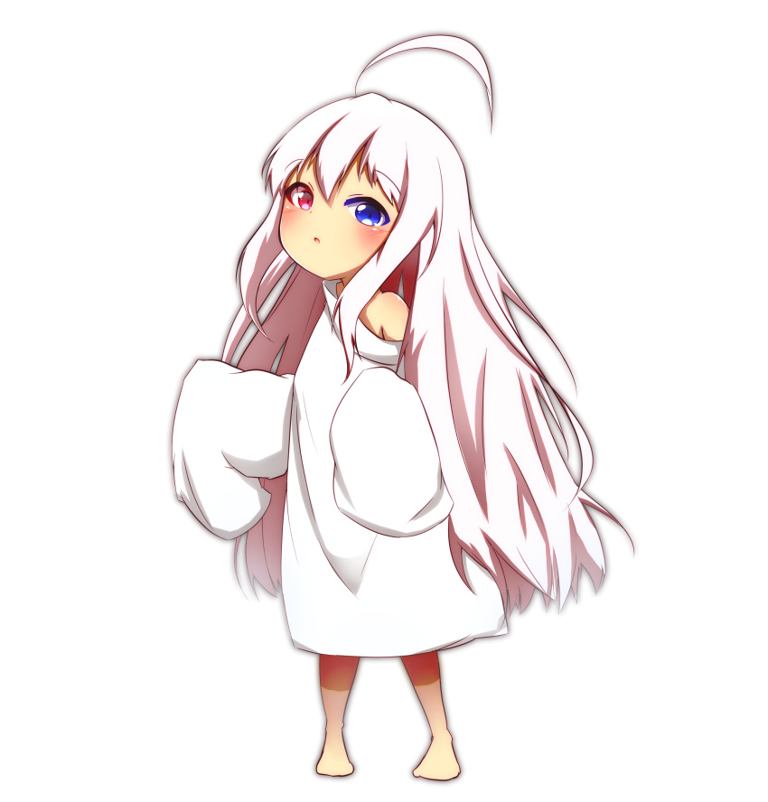 1girl absurdres ahoge bangs bare_shoulders barefoot blue_eyes blush commentary_request eyebrows_visible_through_hair full_body hair_between_eyes heterochromia highres idaten93 long_hair long_sleeves looking_at_viewer off_shoulder original oversized_clothes oversized_shirt parted_lips red_eyes ruua_(idaten93) shirt simple_background sleeves_past_fingers sleeves_past_wrists solo standing very_long_hair white_background white_hair white_shirt
