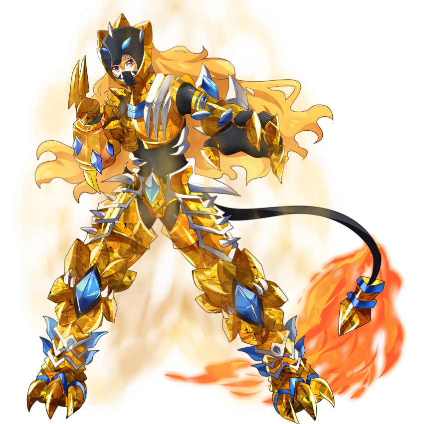 1girl absurdres ahoge armor aura avaloki black_bodysuit black_legwear blonde_hair bodysuit breasts claw_(weapon) clawed_gauntlets claws commentary commission english_commentary fire full_body gloves gold gold_armor helmet highres long_hair mask rwby standing tail violet_eyes wavy_hair weapon yang_xiao_long