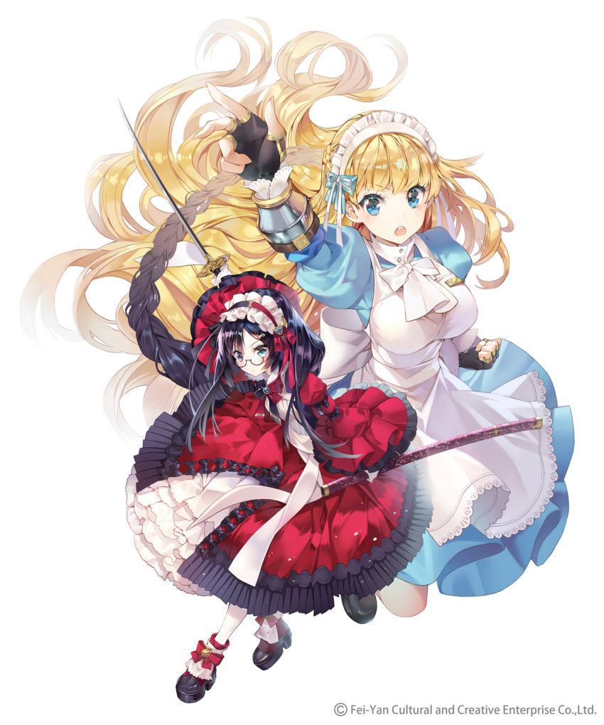 2girls arm_up black_footwear black_hair blonde_hair blue_dress blue_eyes bow bracelet braid breasts clenched_hand company_name dress fingerless_gloves frills full_body glasses gloves hair_bow highres holding holding_sword holding_weapon jewelry large_breasts long_hair long_sleeves lost_wakusei_shoujo madarame_(kagetsu) maid maid_headdress multiple_girls official_art pantyhose red_bow red_dress sheath shoes simple_background sword very_long_hair weapon white_background white_legwear wide_sleeves