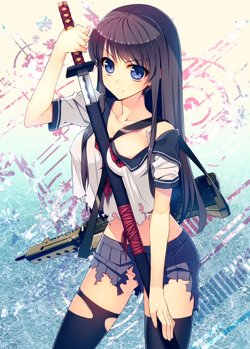 1girl black_hair black_legwear black_sailor_collar blue_eyes blue_skirt bra_strap breasts collarbone cowboy_shot erect_nipples eyebrows_visible_through_hair gun highres holding holding_sword holding_weapon hoshi_ichi long_hair medium_breasts midriff miniskirt off_shoulder original pleated_skirt rifle sailor_collar see-through sheath shiny shiny_hair shirt short_sleeves skirt solo standing stomach sword thigh-highs torn_clothes torn_legwear torn_shirt torn_skirt unsheathing very_long_hair weapon white_shirt zettai_ryouiki