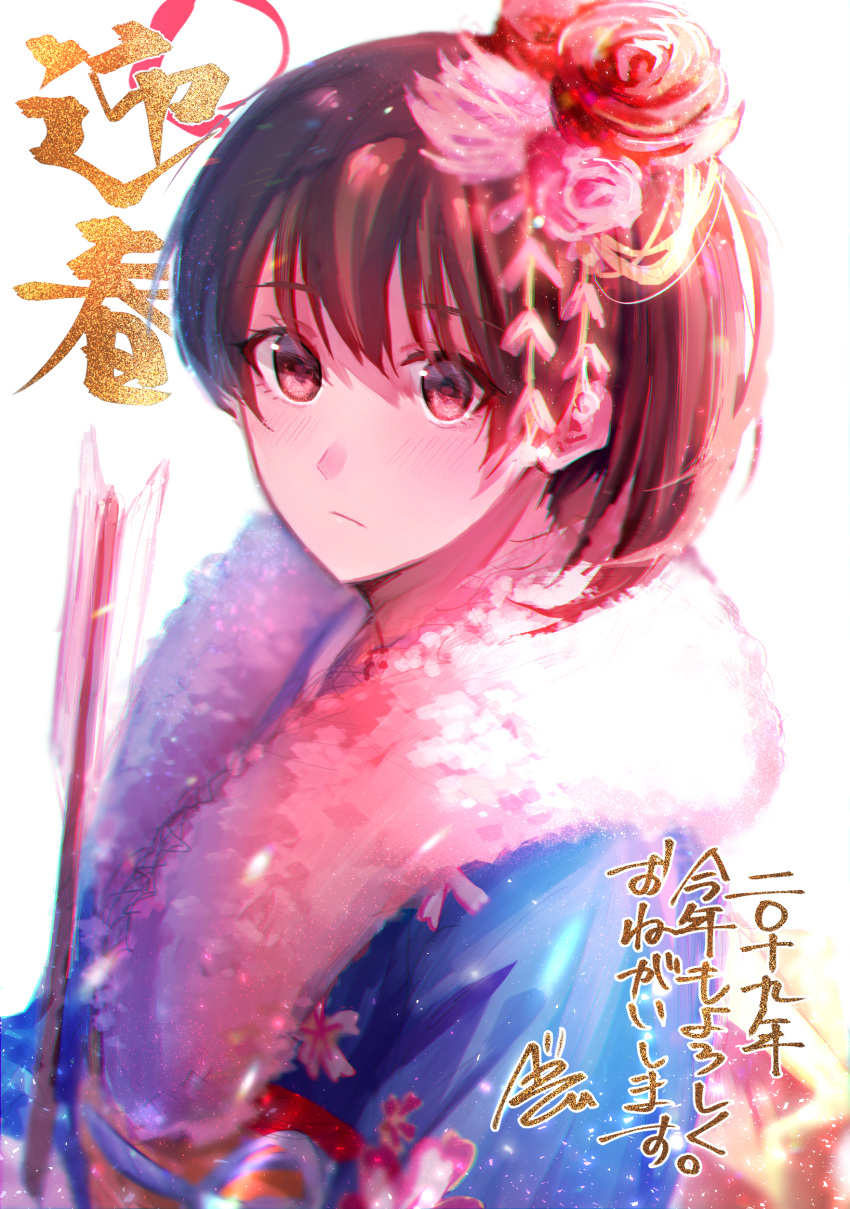 1girl 2019 absurdres arrow betti_(maron) blue_kimono brown_eyes brown_hair expressionless flower fur-trimmed_kimono fur_trim furisode hair_flower hair_ornament hamaya highres japanese_clothes kaga_(kantai_collection) kantai_collection kimono long_hair looking_at_viewer new_year side_ponytail simple_background solo upper_body white_background