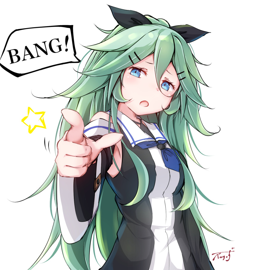 1girl baileys_(tranquillity650) bang bangs black_ribbon blue_eyes blue_neckwear blush breasts detached_sleeves finger_gun green_hair hair_between_eyes hair_ornament hair_ribbon hairclip head_tilt highres kantai_collection long_hair looking_at_viewer messy_hair neckerchief open_mouth ponytail ribbon school_uniform serafuku sidelocks signature simple_background solo star white_background yamakaze_(kantai_collection)