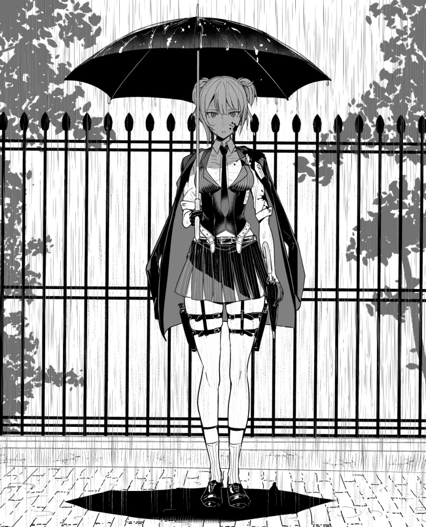 1girl belt blood blood_on_face breasts collared_shirt expressionless fence full_body girls_frontline gloves greyscale highres holster jacket_on_shoulders looking_at_viewer miyamoto_issa monochrome necktie outdoors rain shirt skirt sleeves_rolled_up socks solo thigh_holster two_side_up umbrella vest welrod_mk2_(girls_frontline)