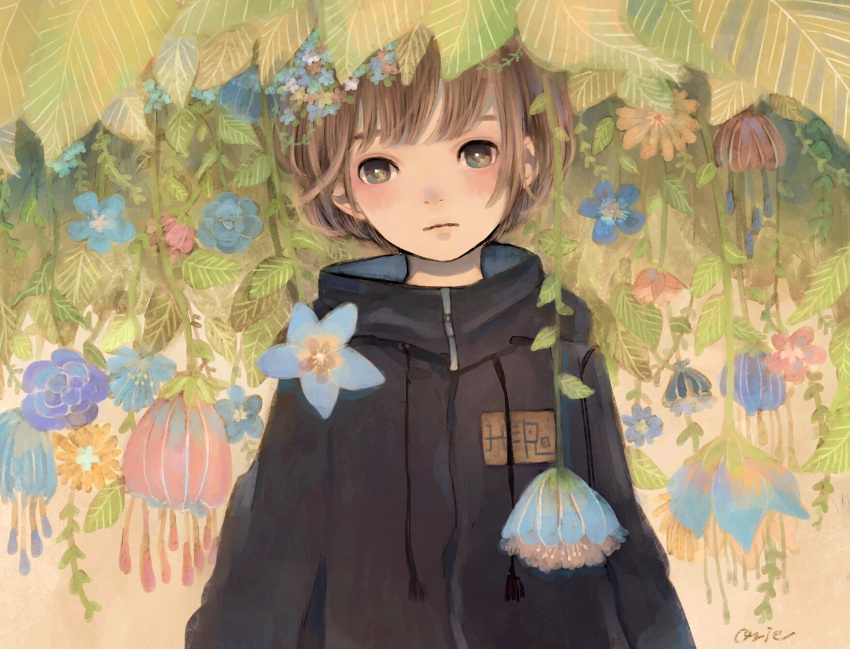 1girl aqua_flower bangs blue_flower blush brown_hair expressionless flower hanging_from_ceiling highres leaf looking_at_viewer name_tag orie_h original pink_flower short_hair signature solo upper_body yellow_flower