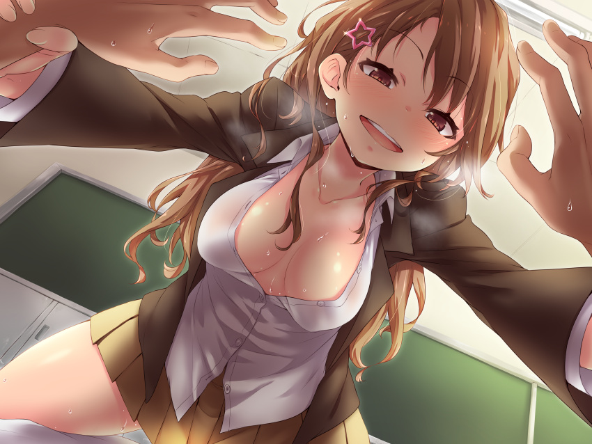 1girl :d absurdres blush breasts brown_eyes brown_hair brown_skirt ceiling chalkboard cleavage commentary_request copyright_request dress_shirt esoragoto from_below hair_ornament hands highres holding_arms indoors light long_sleeves looking_at_viewer medium_breasts open_mouth partially_unbuttoned pleated_skirt school_uniform shirt skirt smile star star_hair_ornament straddling sweat uniform white_shirt