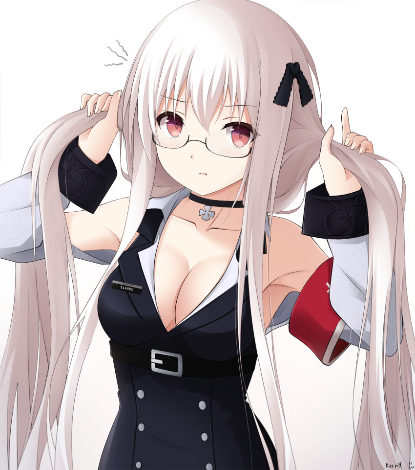 1girl :t armpits artist_name bangs bare_shoulders belt bespectacled black-framed_eyewear black_choker black_dress black_shirt blush breasts bunching_hair buttons character_name choker cleavage closed_mouth collarbone commentary cross_choker double-breasted dress eyebrows_visible_through_hair girls_frontline glasses grey_hair hair_between_eyes hair_ornament hair_ribbon highres kar98k_(girls_frontline) keenh long_hair long_sleeves looking_at_viewer medium_breasts military military_uniform name_tag pout red_eyes ribbon semi-rimless_eyewear shirt sidelocks simple_background solo under-rim_eyewear uniform upper_body very_long_hair white_background white_hair white_shirt white_sleeves wing_collar