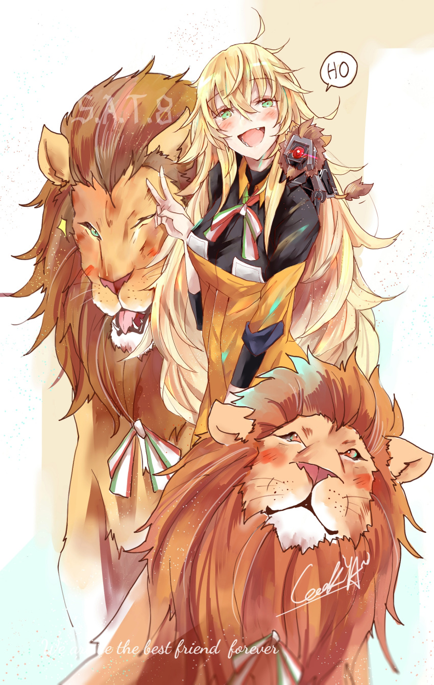 1girl absurdres animal animal_ears bangs blonde_hair closed_mouth cocoka commentary_request dinergate_(girls_frontline) eyebrows_visible_through_hair fang girls_frontline green_eyes hair_between_eyes hairband highres lion lion_ears lion_mane lion_tail long_hair looking_at_viewer messy_hair open_mouth red_eyes s.a.t.8_(girls_frontline) sidelocks smile tail v very_long_hair