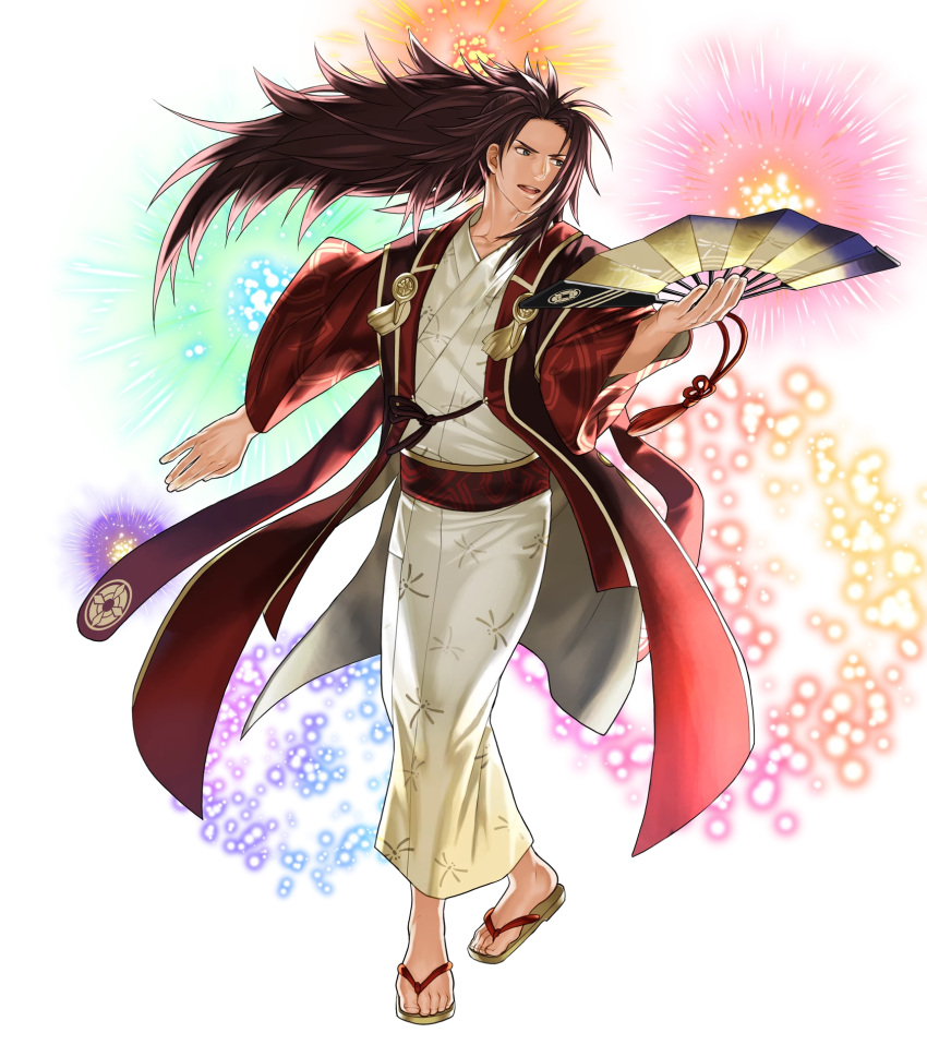 1boy alternate_costume brown_eyes brown_hair fire_emblem fire_emblem_heroes fire_emblem_if fireworks full_body highres japanese_clothes kimono kita_senri long_hair male_focus nintendo official_art open_mouth ponytail ryouma_(fire_emblem_if) sandals solo teeth