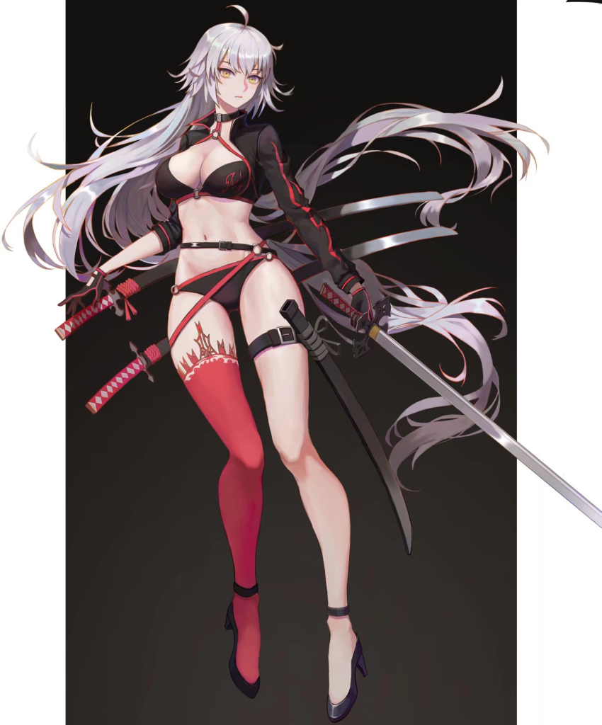 1girl ahoge ankle_strap bangs belt belt_buckle bikini black_background black_bikini black_footwear black_gloves blush breasts buckle cleavage closed_mouth commentary_request fate/grand_order fate_(series) full_body gloves gluteal_fold high_heels highres holding holding_sword holding_weapon jeanne_d'arc_(alter_swimsuit_berserker) jeanne_d'arc_(fate)_(all) large_breasts long_hair long_sleeves o-ring o-ring_bikini pink_legwear sheath sheathed shrug_(clothing) silver_hair single_thighhigh solo swimsuit sword thigh-highs thigh_strap unsheathed very_long_hair weapon weapon_on_back yellow_eyes zwc1271750321