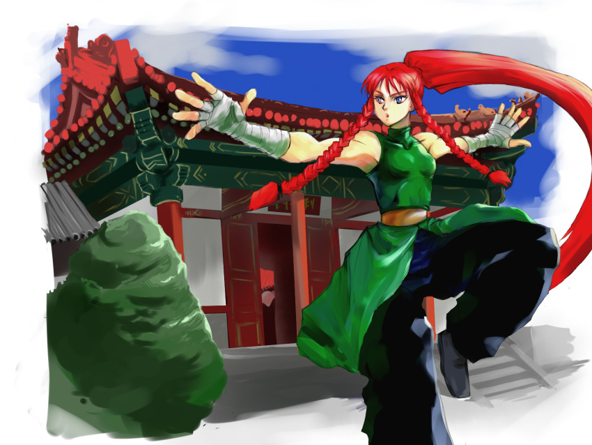 1girl alternate_breast_size alternate_costume alternate_hairstyle architecture baggy_pants bandage bare_shoulders belt blue_eyes braid breasts chinese_clothes commentary_request dress east_asian_architecture fighting_stance flats green_dress hand_wraps highres hong_meiling kung_fu kuriyama5422 long_hair outstretched_arms pants ponytail redhead side_braids sleeveless small_breasts solo spread_arms standing standing_on_one_leg touhou twin_braids very_long_hair
