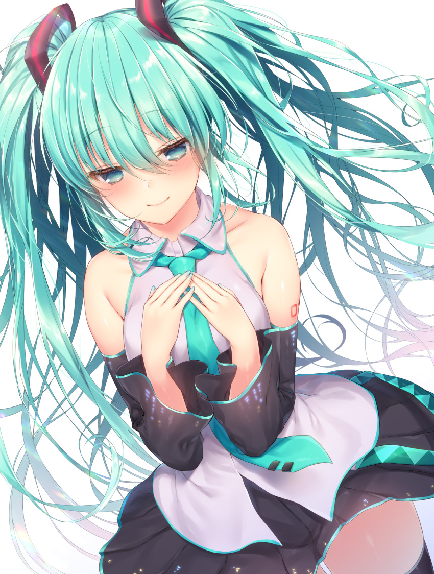 1girl bangs bare_shoulders black_legwear black_skirt black_sleeves blue_nails blush closed_mouth collared_shirt commentary_request detached_sleeves dutch_angle eyebrows_visible_through_hair fingernails green_eyes green_hair green_neckwear hair_between_eyes hair_ornament hands_on_own_chest hands_up hatsune_miku highres jiiwara long_hair long_sleeves nail_polish necktie pleated_skirt shirt sidelocks simple_background skirt sleeveless sleeveless_shirt smile solo thigh-highs tie_clip twintails very_long_hair vocaloid white_background white_shirt
