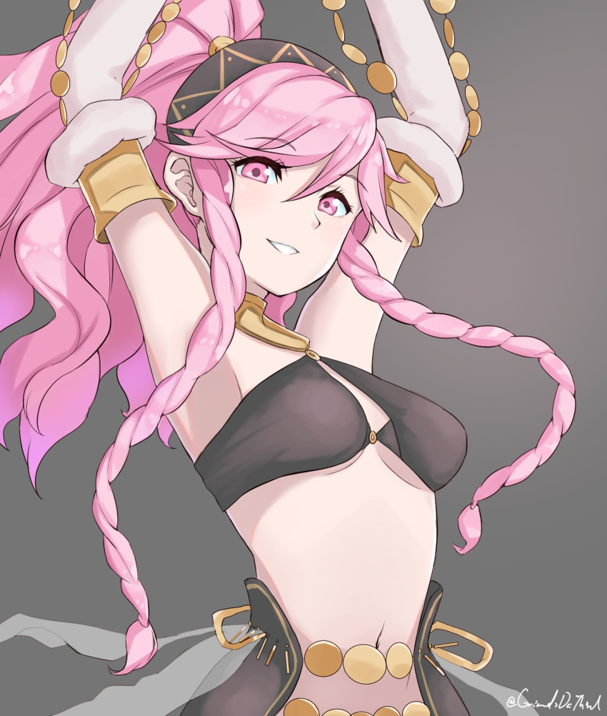 1girl blush braid breasts fire_emblem fire_emblem:_kakusei grimmelsdathird hairband highres long_hair looking_at_viewer nintendo olivia_(fire_emblem) pink_hair ponytail simple_background smile solo twin_braids