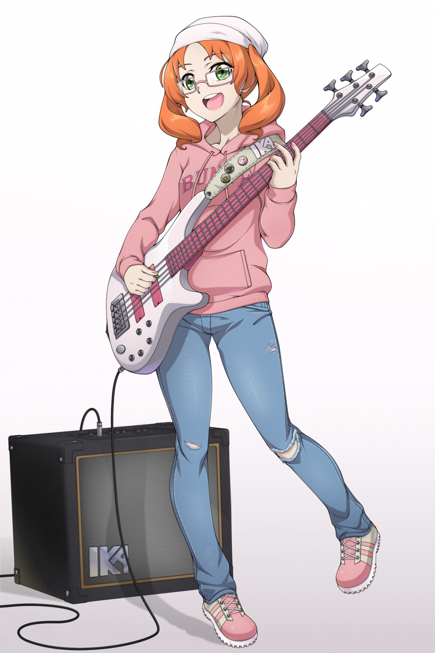 1girl absurdres amplifier bangs bass_guitar beanie cable character_request chuunioniika commentary commission copyright_request denim english_commentary flat_chest full_body glasses green_eyes hat highres hood hoodie instrument jeans medium_hair music open_mouth orange_hair pants parted_bangs pink-framed_eyewear playing_instrument plectrum shoes sneakers solo speaker strap torn_clothes torn_jeans torn_pants twintails