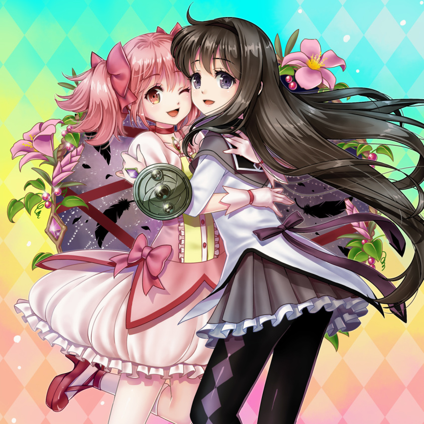 2girls :d ;d akemi_homura aqua_background argyle argyle_background argyle_legwear black_feathers black_hair black_hairband black_legwear blue_background bow_(weapon) bubble_skirt cheek-to-cheek choker eyebrows_visible_through_hair feathers floating_hair flower food frilled_skirt frills fruit gloves gradient gradient_background grapes hairband happy highres hug kaname_madoka leaf leg_up long_hair looking_at_viewer mahou_shoujo_madoka_magica multicolored multicolored_background multiple_girls omochi_pie one_eye_closed open_mouth pink_background pink_eyes pink_flower pink_gloves pink_hair pink_ribbon puffy_sleeves purple_ribbon red_choker red_footwear red_neckwear ribbon ribbon_hair shield shirt skirt smile socks soul_gem twintails upper_body violet_eyes weapon white_legwear white_shirt yellow_background