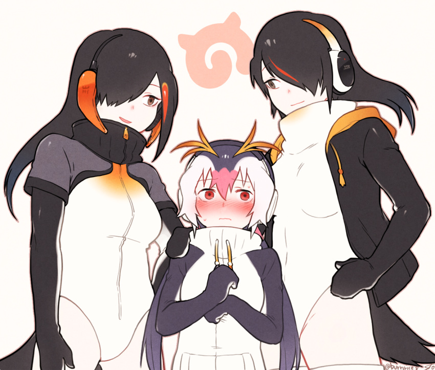 3girls bird_tail black_eyes black_hair black_jacket blush brown_eyes commentary drawstring embarrassed emperor_penguin_(kemono_friends) girl_sandwich hair_between_eyes hair_over_one_eye hand_on_another's_shoulder headphones highleg highleg_leotard hood hood_down hooded_jacket jacket japari_symbol kemono_friends king_penguin_(kemono_friends) leotard long_hair multicolored_hair multiple_girls nose_blush open_clothes open_jacket orange_hair parted_lips penguin_tail pink_hair red_eyes royal_penguin_(kemono_friends) sandwiched seto_(harunadragon) simple_background smile streaked_hair sweatdrop tail turtleneck twintails twitter_username white_background white_hair white_leotard zipper