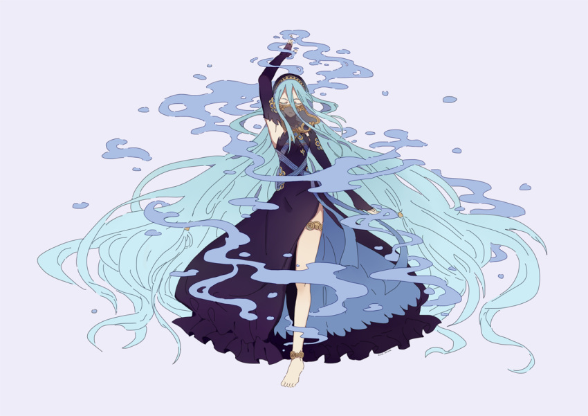 1girl anklet aqua_(fire_emblem_if) arm_up black_dress black_gloves blue_hair closed_eyes dress elbow_gloves fingerless_gloves fire_emblem fire_emblem_heroes fire_emblem_if full_body gloves jewelry kmkr long_hair nintendo simple_background solo veil very_long_hair water