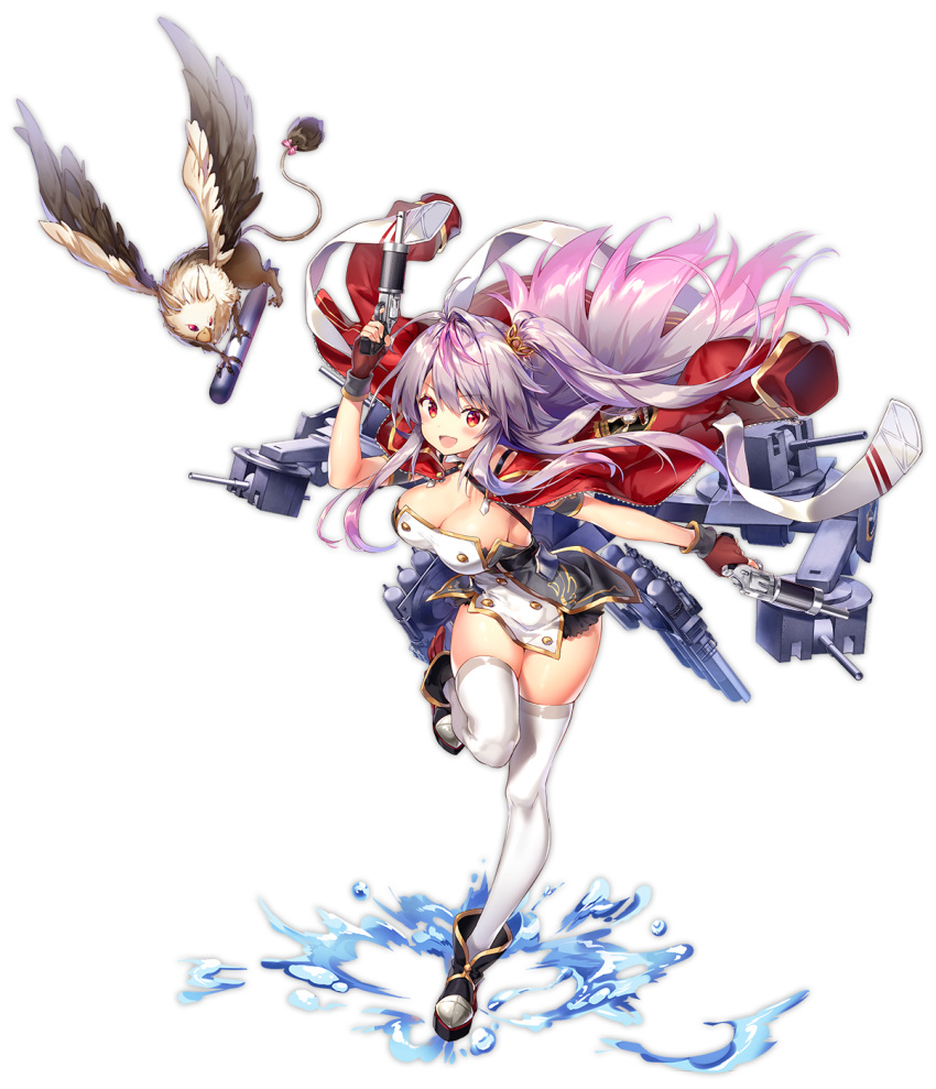 1girl armpits azur_lane blush breasts buttons cleavage fingerless_gloves full_body gloves grenville_(azur_lane) gun hair_ornament handgun highres jacket jacket_on_shoulders large_breasts lavender_hair long_hair multicolored_hair official_art open_mouth pink_hair purple_hair red_eyes red_jacket revolver rigging riichu shoes side_ponytail skindentation sleeveless smile smirk solo standing standing_on_one_leg thigh-highs torpedo_launcher torpedo_tubes transparent_background turret two-tone_hair very_long_hair weapon white_legwear