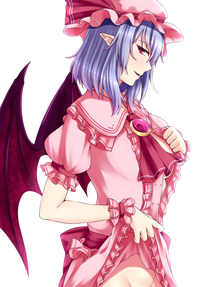 1girl bat_wings blue_hair breasts dress dress_lift fangs hat hat_ribbon highres looking_at_viewer mob_cap no_bra no_panties older out-of-frame_censoring pink_dress pink_ribbon pointy_ears red_eyes remilia_scarlet ribbon simple_background solo touhou undressing vampire white_background wings zeramu