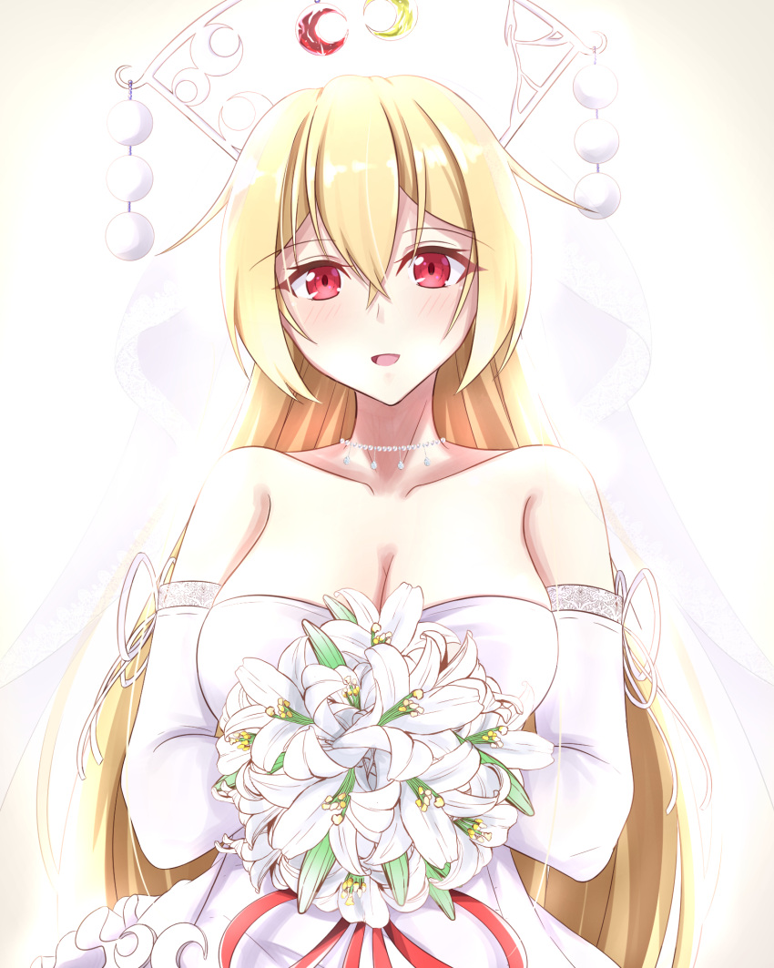 1girl :d alternate_costume bare_shoulders blonde_hair blush bouquet breasts bridal_veil cleavage collarbone commentary_request crescent diamond_(gemstone) dress elbow_gloves eyebrows_visible_through_hair flower gloves hair_between_eyes headpiece highres holding holding_bouquet jewelry junko_(touhou) lace lace-trimmed_gloves large_breasts long_hair looking_at_viewer musteflott419 necklace open_mouth red_eyes smile solo strapless strapless_dress touhou upper_body veil very_long_hair wedding_dress white_dress white_gloves