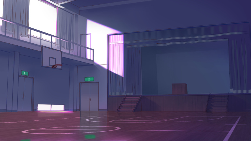 basketball_court basketball_hoop commentary curtains day door gan-viking gym highres indoors no_humans original podium reflective_floor stage stage_curtains stairs still_life sunlight window