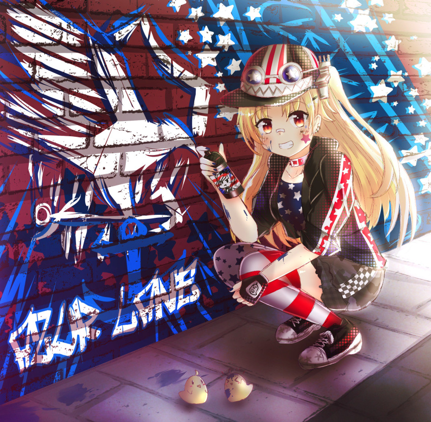 azur_lane bandaid bandaid_on_nose blonde_hair character_request cleveland_(azur_lane) clothing_request collar commentary_request eyewear_on_headwear graffiti hair_ornament hat highres hood hoodie long_hair looking_at_viewer open_clothes open_hoodie paint paint_on_body painting_(object) red_eyes shirt shorts smile squatting star_and_stripes_clothes thigh-highs zweihanderdraws