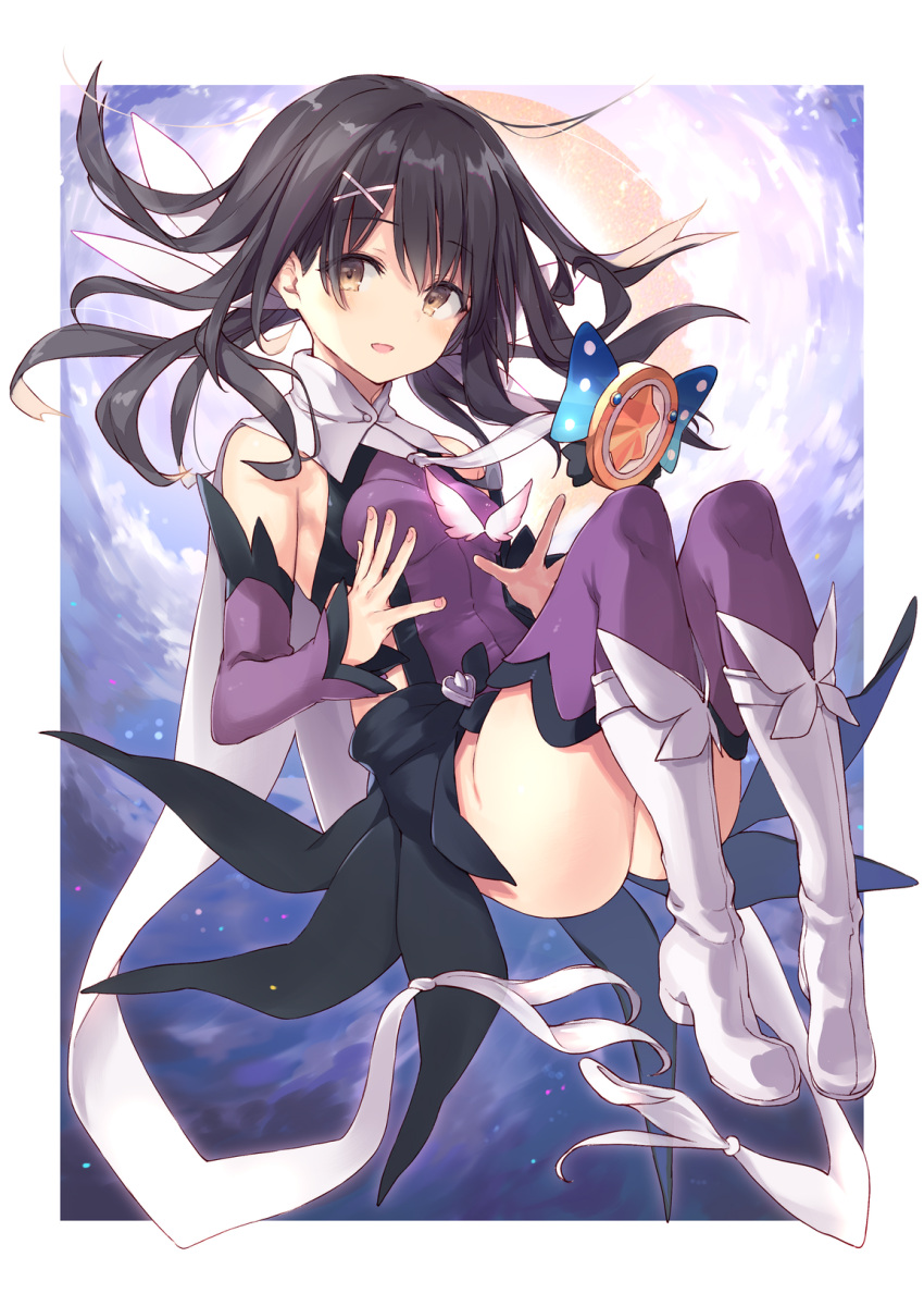 1girl bare_shoulders black_hair blush boots breasts brown_eyes cape commentary english_commentary eyebrows_visible_through_hair fate/grand_order fate/kaleid_liner_prisma_illya fate_(series) floating floating_hair hair_between_eyes hair_ornament hair_ribbon hairclip highres kaleidostick leotard long_hair looking_at_viewer magical_girl magical_sapphire miyu_edelfelt nanananana open_mouth purple_legwear purple_leotard ribbon small_breasts solo white_cape white_footwear x_hair_ornament