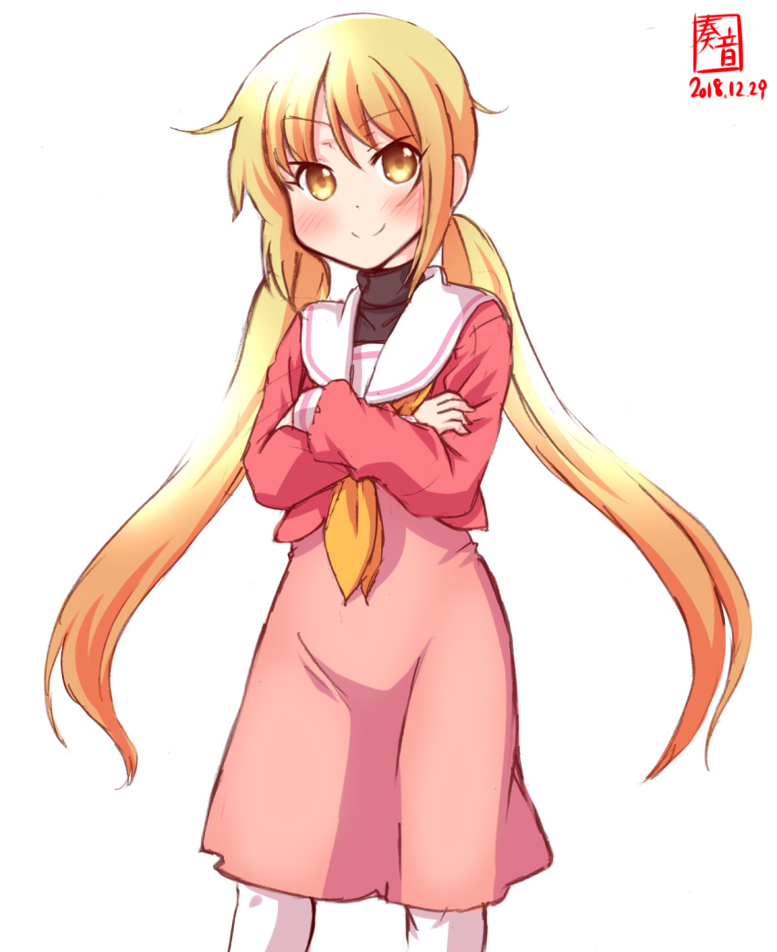 1girl alternate_costume artist_logo blonde_hair blush collarbone cosplay cowboy_shot crossed_arms dated dress eyebrows_visible_through_hair flat_chest hair_between_eyes hayate_no_gotoku! highres kanon_(kurogane_knights) kantai_collection long_hair long_sleeves looking_at_viewer neckerchief pink_dress pink_shirt sailor_collar sanzen'in_nagi sanzen'in_nagi_(cosplay) satsuki_(kantai_collection) school_uniform shirt signature simple_background smile solo standing thigh-highs turtleneck twintails white_background white_legwear white_sailor_collar yellow_neckwear