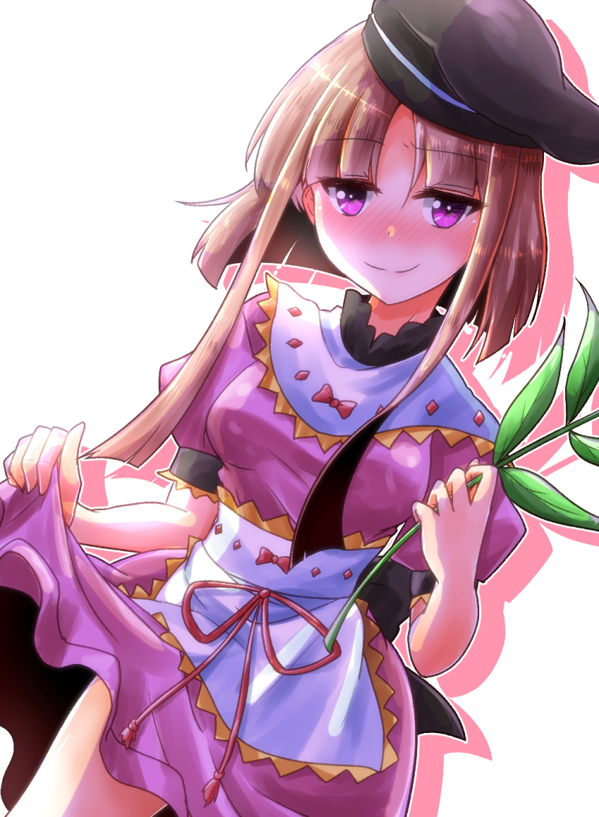 1girl apron blush brown_hair dress dress_lift dutch_angle frills hat highres holding_branch looking_at_viewer myouga_(plant) nishida_satono oshiaki puffy_short_sleeves puffy_sleeves purple_dress purple_hair shadow short_hair short_hair_with_long_locks short_sleeves sidelocks smile solo touhou waist_apron white_background