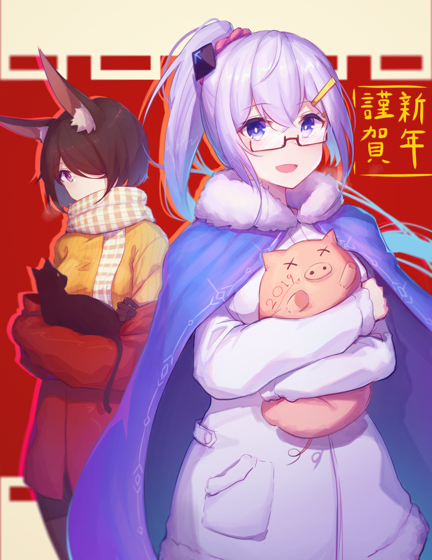 1girl 2019 2girls 735308747 :d absurdres animal animal_ears black_cat black_legwear blue_cape blue_eyes brown-framed_eyewear brown_hair cape capelet cat cat_ears character_request cloak dated glasses hair_ornament hair_over_one_eye hairclip happy_new_year highres holding holding_animal long_sleeves looking_at_viewer multiple_girls new_year open_mouth pig ponytail red_background scarf smile standing sweater translated white_coat yellow_sweater