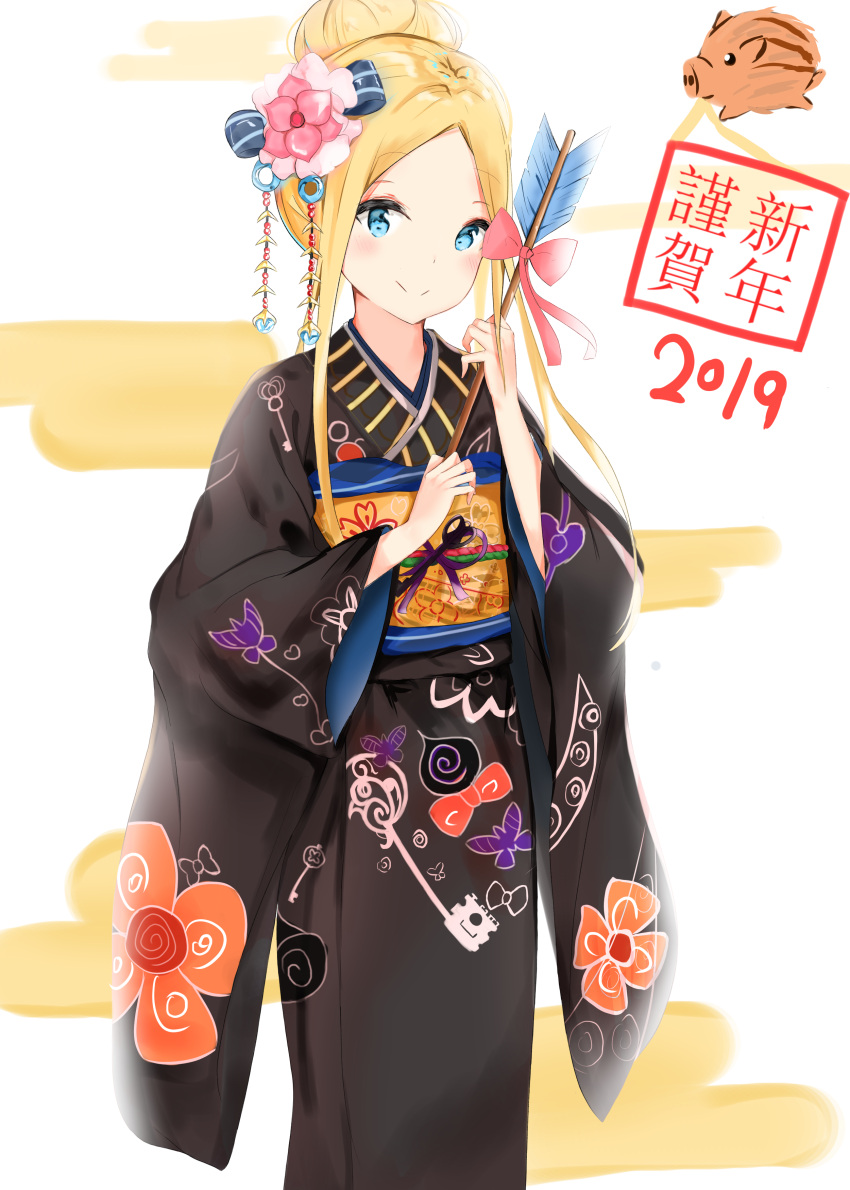 1girl 2019 abigail_williams_(fate/grand_order) absurdres animal arrow bangs black_kimono blonde_hair blue_bow blue_eyes blush boar bow chinese_zodiac closed_mouth commentary_request egasumi fate/grand_order fate_(series) floral_print flower forehead hair_bun hair_flower hair_ornament hamaya happy_new_year highres holding_arrow japanese_clothes kimono long_hair long_sleeves new_year obi parted_bangs pink_bow pink_flower print_kimono sash sidelocks smile solo striped striped_bow translated wide_sleeves year_of_the_pig yukaa