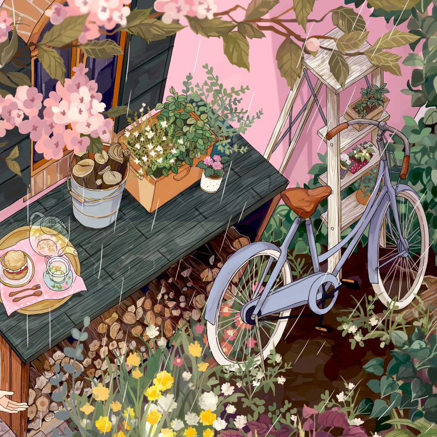 bicycle cup flower food fork ground_vehicle hands highres ladder leaf mochipanko no_humans original out_of_frame pink_flower plant potted_plant sandwich spoon teapot transparent white_flower wood yellow_flower