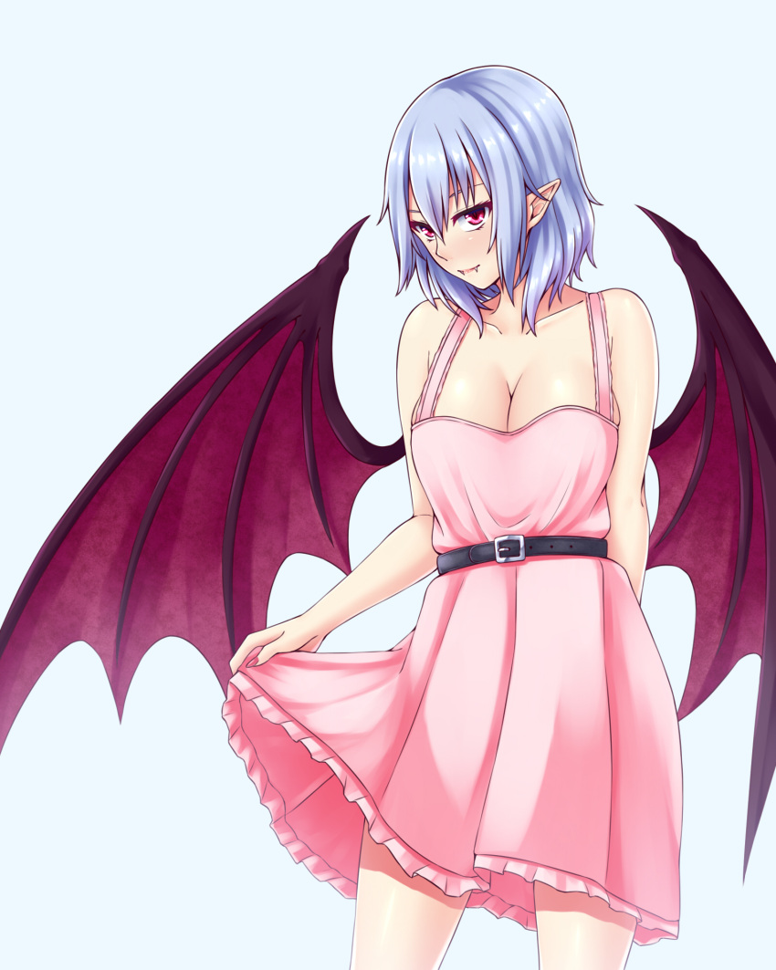 1girl arm_behind_back bat_wings belt blue_background blue_hair breasts cleavage collarbone dress dress_lift fangs highres large_breasts nail_polish older pink_dress pink_nails pointy_ears red_eyes remilia_scarlet short_hair solo touhou vampire wings zeramu