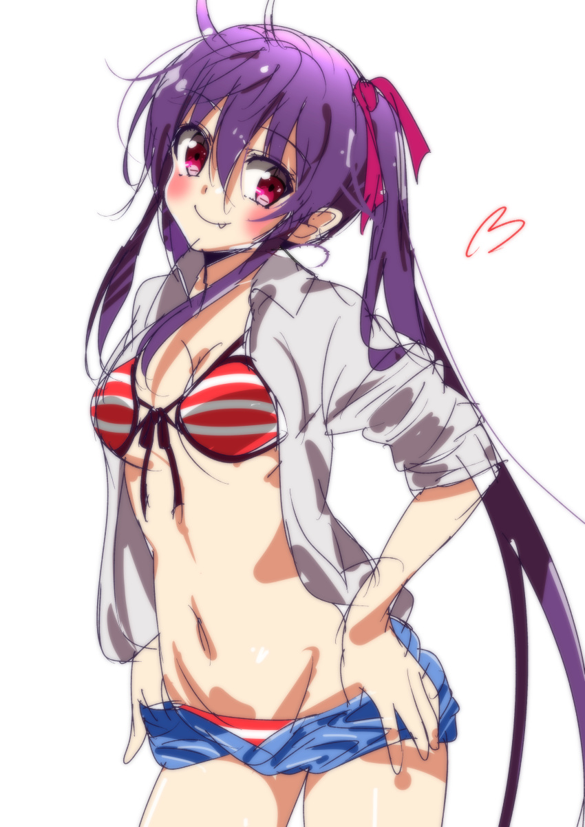 1girl absurdres ahoge bikini black_ribbon blue_shorts blush breasts cleavage cowboy_shot ebisuzawa_kurumi eyebrows_visible_through_hair fang_out front-tie_bikini front-tie_top gakkou_gurashi! groin hair_between_eyes hair_ribbon highres long_hair looking_at_viewer medium_breasts navel open_clothes open_shorts pulled_by_self purple_hair red_bikini red_eyes red_ribbon ribbon short_shorts shorts shorts_pull simple_background sinakyo sketch smile solo standing striped striped_bikini swimsuit twintails under_boob very_long_hair white_background