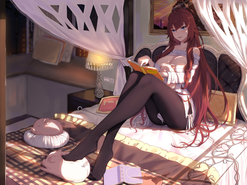 1girl 5555_96 bangs bare_shoulders bed black_legwear blush book breasts chinese_commentary cleavage collarbone commentary_request feet hair_between_eyes highres holding holding_book indoors lamp large_breasts legs long_hair no_shoes original pantyhose pig pillow redhead shadow sidelocks smile solo sweater thigh-highs very_long_hair violet_eyes