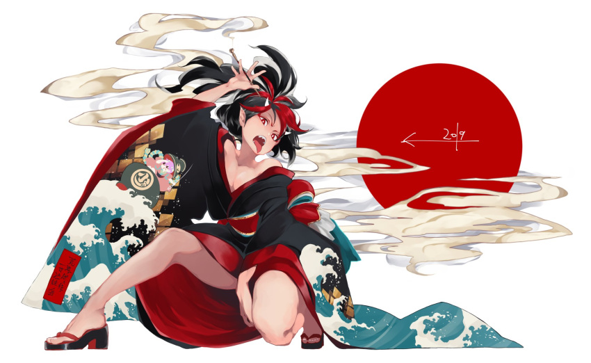 1girl 2019 alternate_costume arm_up bare_legs bare_shoulders black_footwear black_hair black_kimono breasts character_print circle cleavage commentary_request floating_hair full_body head_tilt high_heels highres hokuto_(scichil) holding horns japanese_clothes kijin_seija kimono kiseru long_hair long_sleeves looking_at_viewer multicolored_hair off_shoulder open_mouth pipe pointy_ears redhead sandals sharp_teeth simple_background smoke solo streaked_hair sukuna_shinmyoumaru teeth thighs tongue tongue_out touhou translation_request wave_print white_background white_hair wide_sleeves